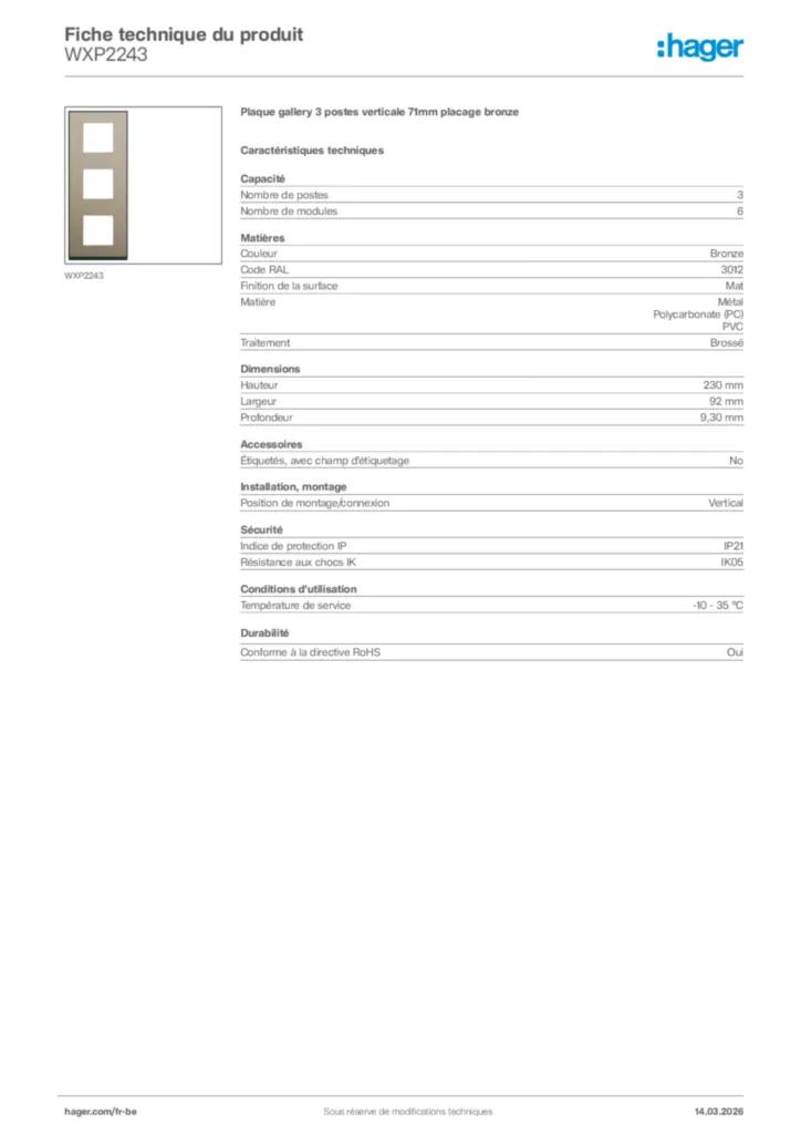 Image Hager Fiche technique du produit WXP2243 | Hager Belgique