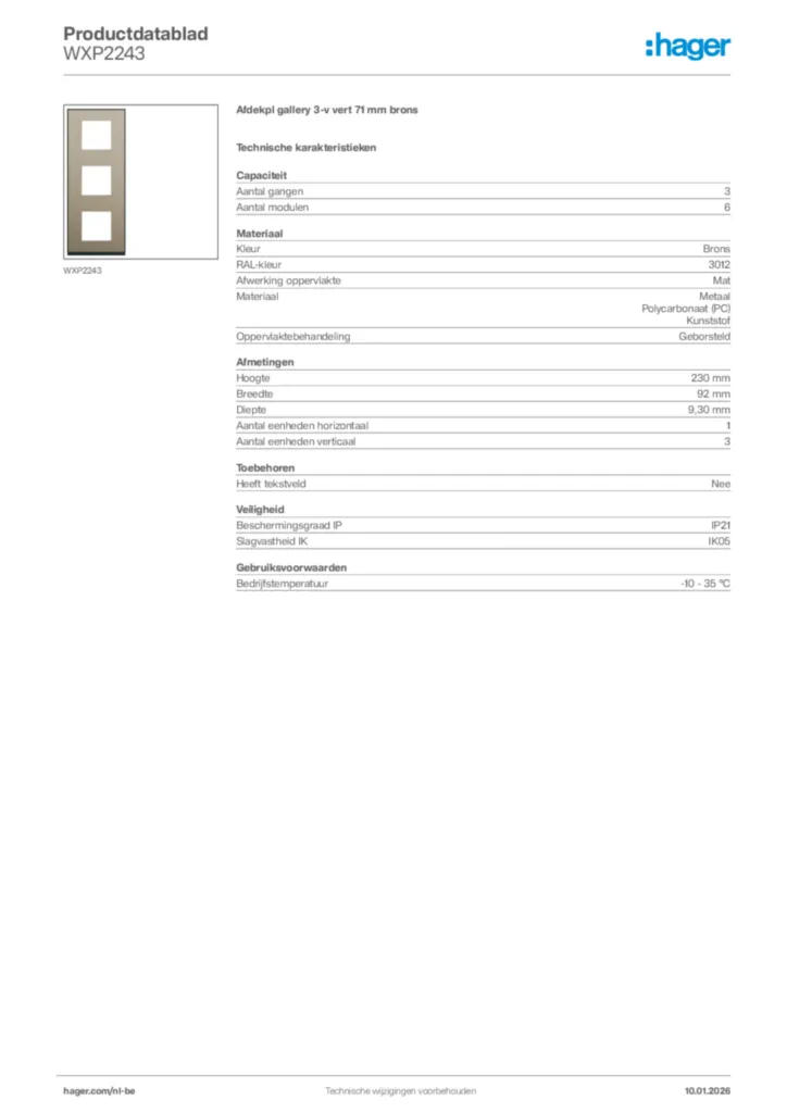 Afbeelding Hager Productdatablad WXP2243 | Hager Belgium