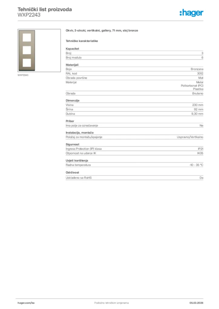 Slika Hager Tehnički list proizvoda WXP2243  | Hager
