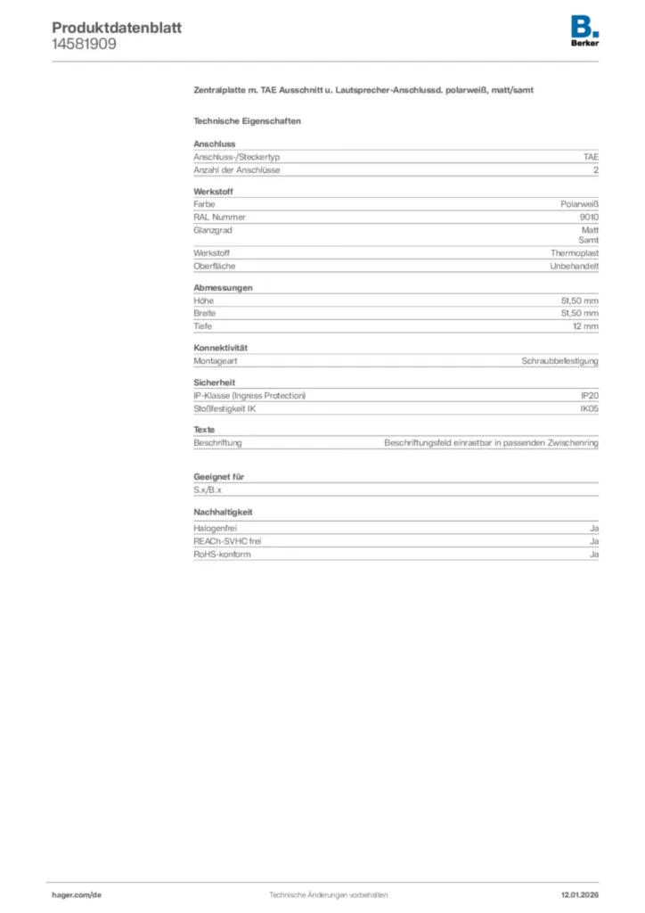 Bild Berker Produktdatenblatt 14581909 | Hager Deutschland