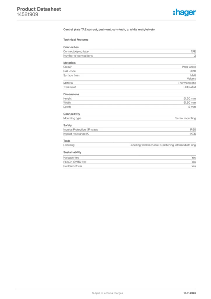 Image Hager Product data sheet 14581909  | Hager