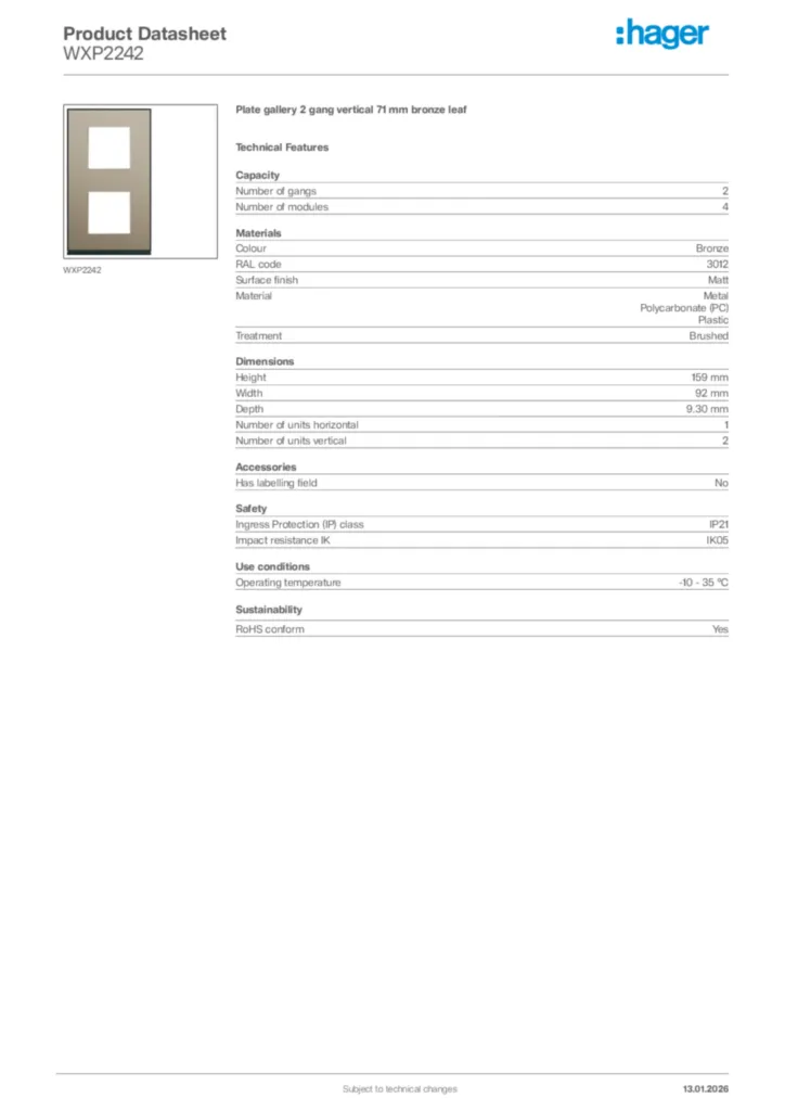Image Hager Product data sheet WXP2242  | Hager Africa