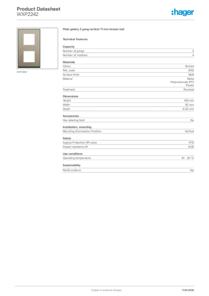 Image Hager Product data sheet WXP2242  | Hager Africa