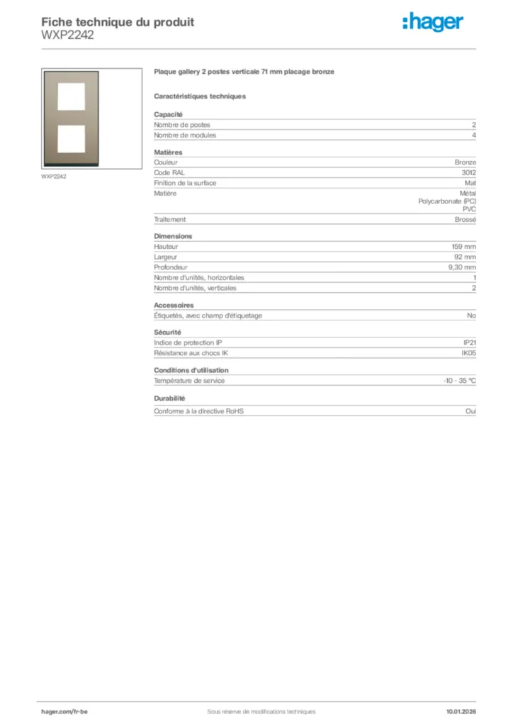 Image Hager Fiche technique du produit WXP2242 | Hager Belgique