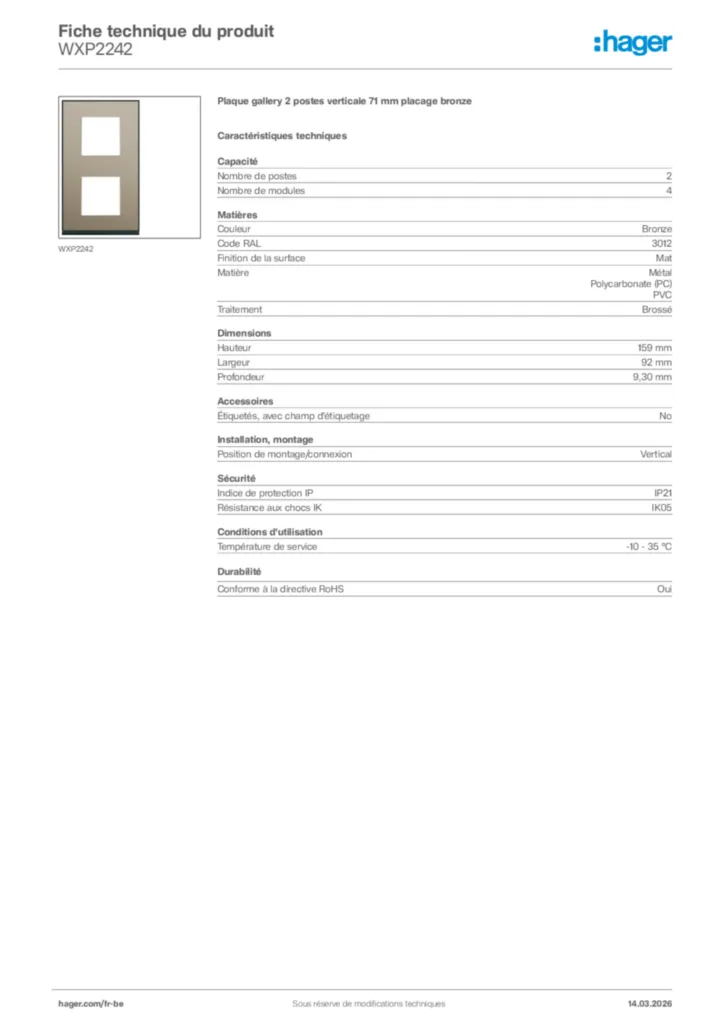 Image Hager Fiche technique du produit WXP2242 | Hager Belgique