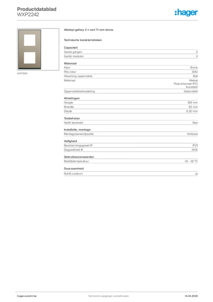 Afbeelding Hager Productdatablad WXP2242 | Hager Belgium
