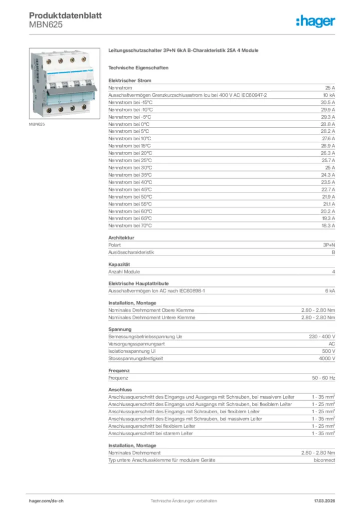 Bild Hager Produktdatenblatt MBN625 | Hager Schweiz