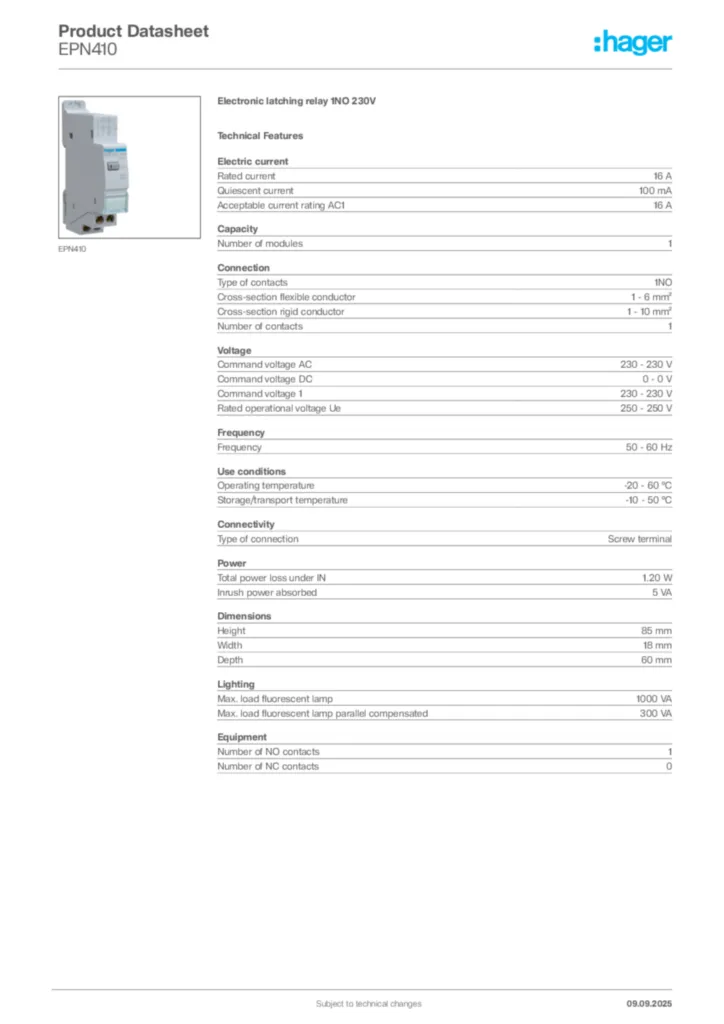 Image Hager Product data sheet EPN410  | Hager Africa