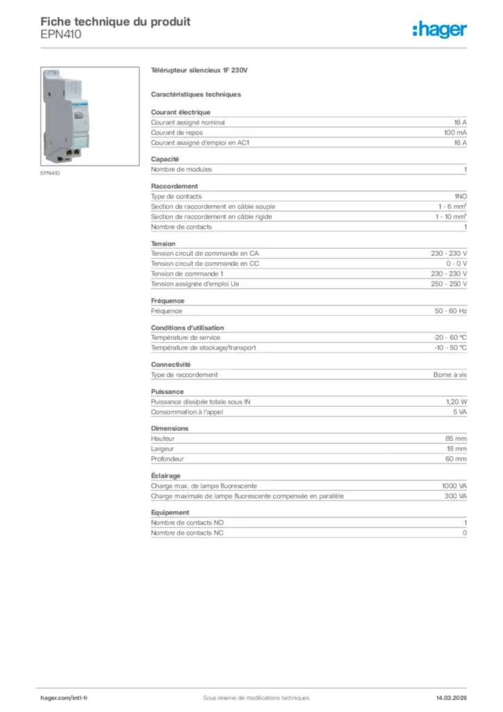 Image Hager Fiche technique du produit EPN410 | Hager Afrique