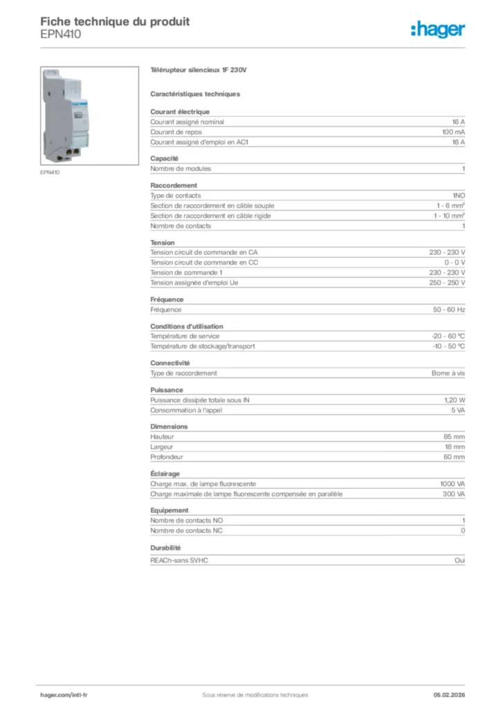 Image Hager Fiche technique du produit EPN410 | Hager Afrique