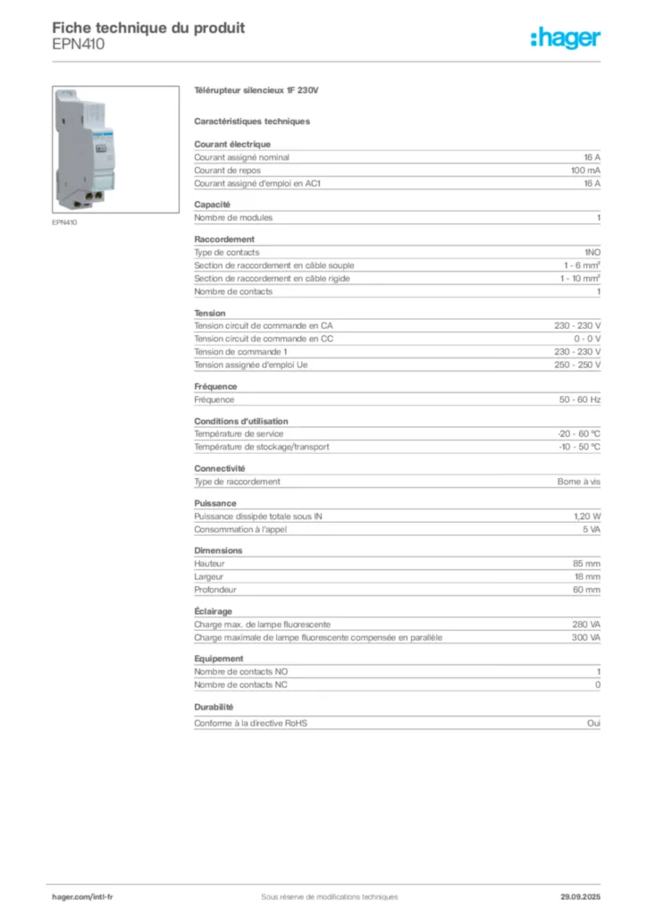 Image Hager Fiche technique du produit EPN410 | Hager Afrique