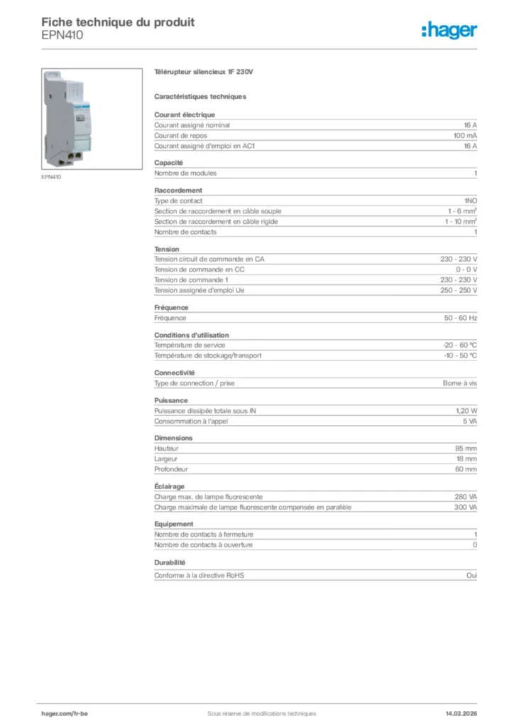 Image Hager Fiche technique du produit EPN410 | Hager Belgique