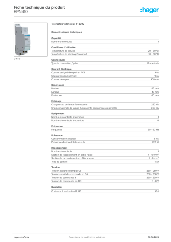 Image Hager Fiche technique du produit EPN410 | Hager Belgique