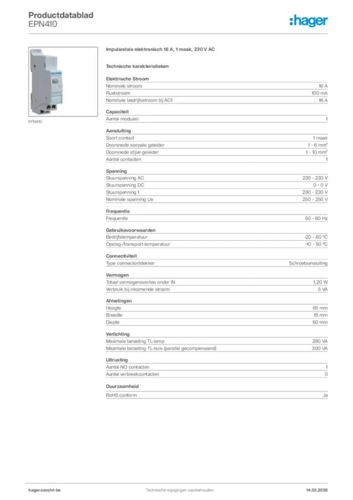 Afbeelding Hager Productdatablad EPN410 | Hager Belgium