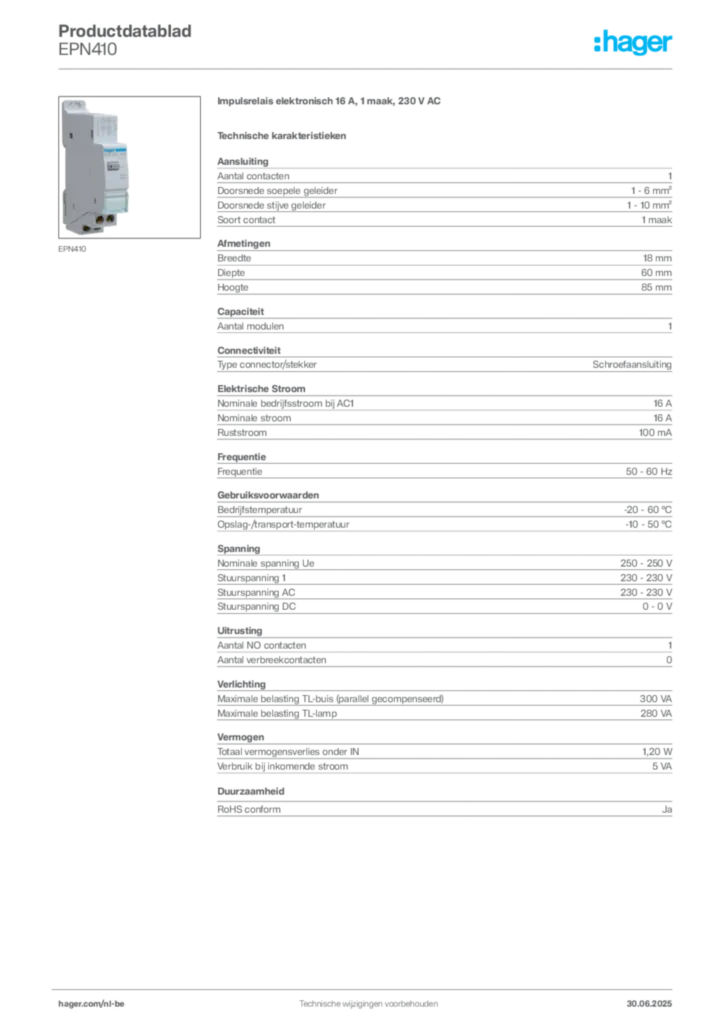 Afbeelding Hager Productdatablad EPN410 | Hager Belgium