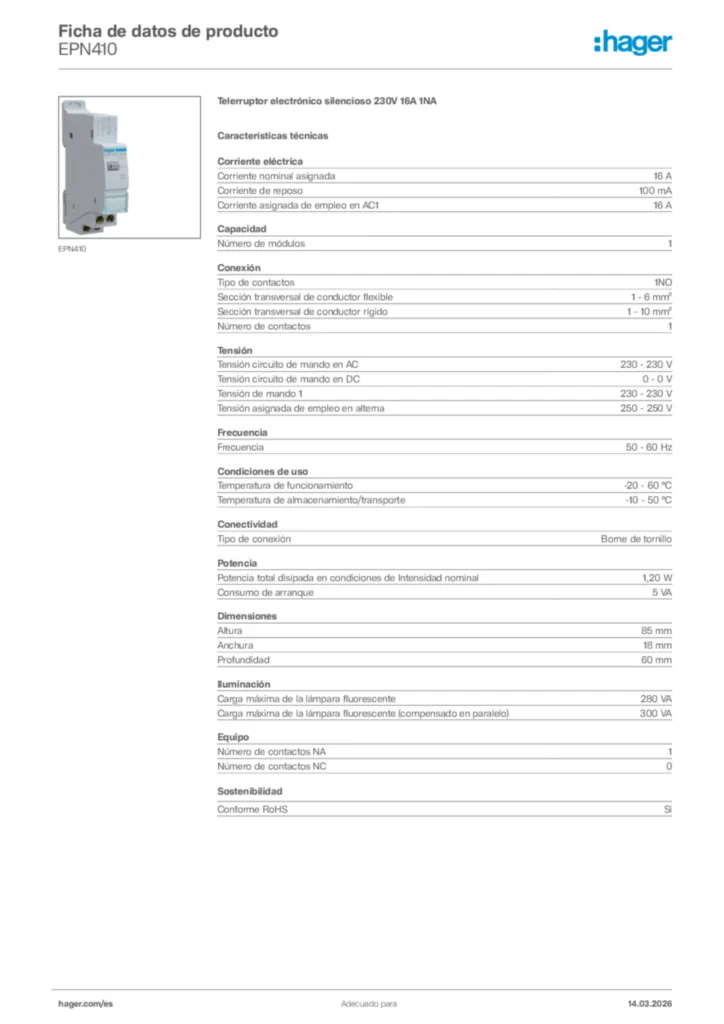 Imagen Hager Ficha de datos de producto EPN410 | Hager España