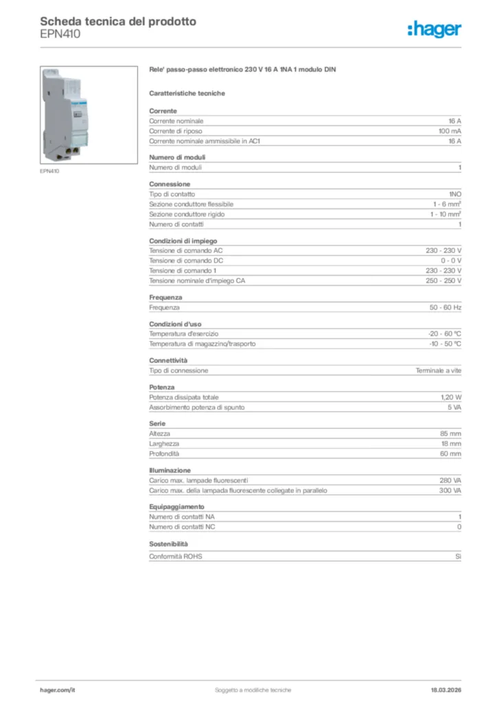 Immagine Hager Scheda tecnica del prodotto EPN410 | Hager Italia