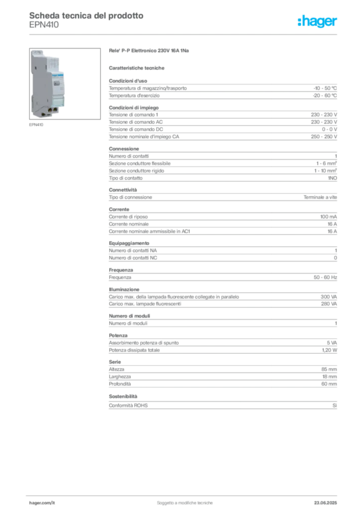 Immagine Hager Scheda tecnica del prodotto EPN410 | Hager Italia