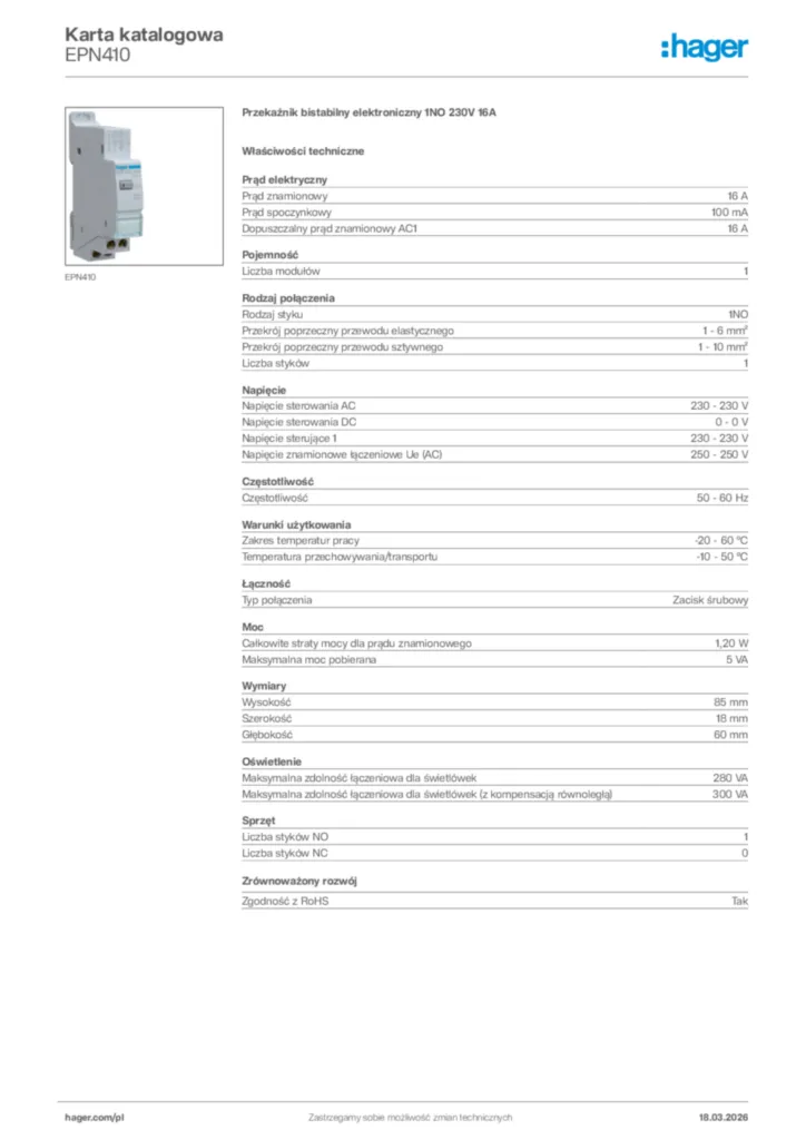 Zdjęcie Hager Karta katalogowa EPN410 | Hager Polska