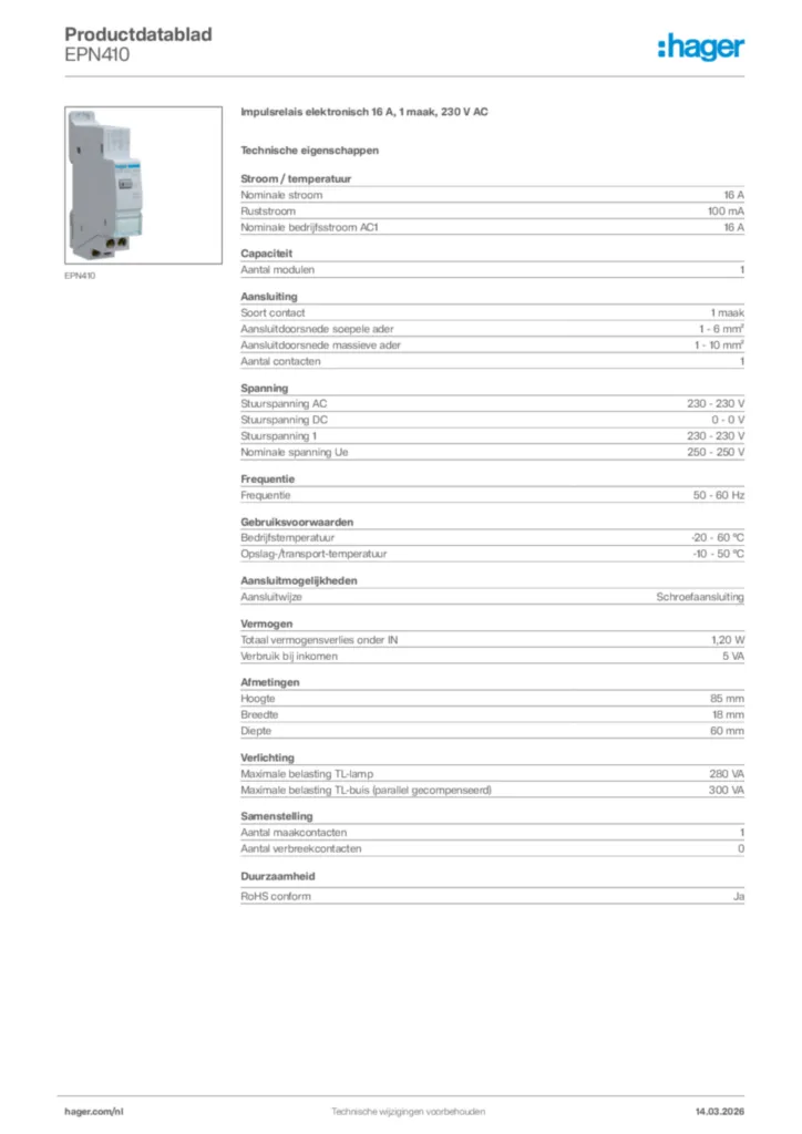 Afbeelding Hager Productdatablad EPN410 | Hager Nederland