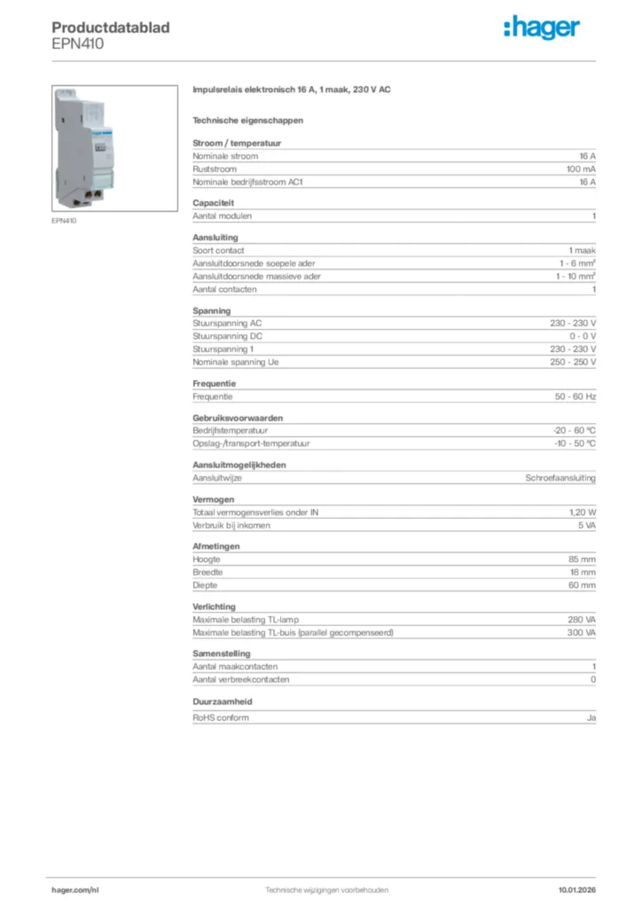 Afbeelding Hager Productdatablad EPN410 | Hager Nederland