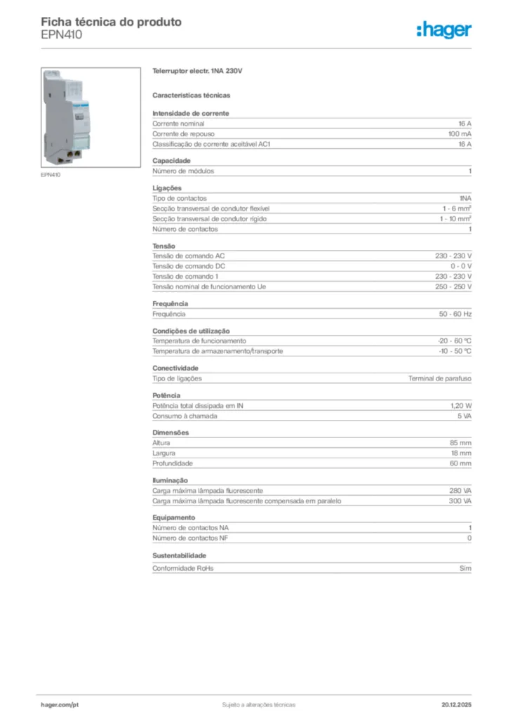 Imagem Hager Ficha técnica do produto EPN410 | Hager Portugal