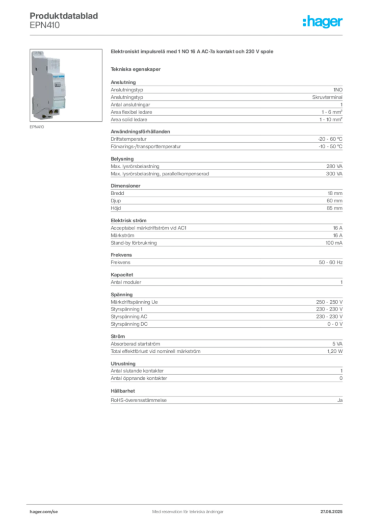 Bild Hager Produktdatablad EPN410 | Hager Sverige
