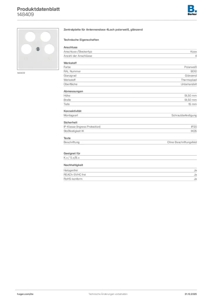 Bild Berker Produktdatenblatt 148409 | Hager Deutschland