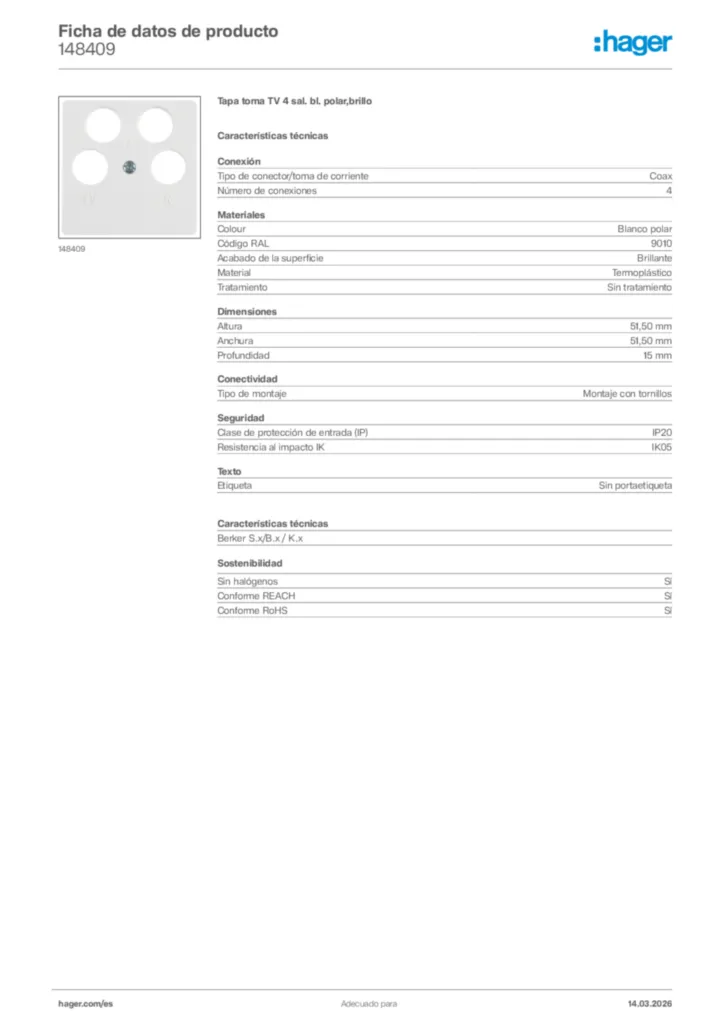 Imagen Hager Ficha de datos de producto 148409 | Hager España