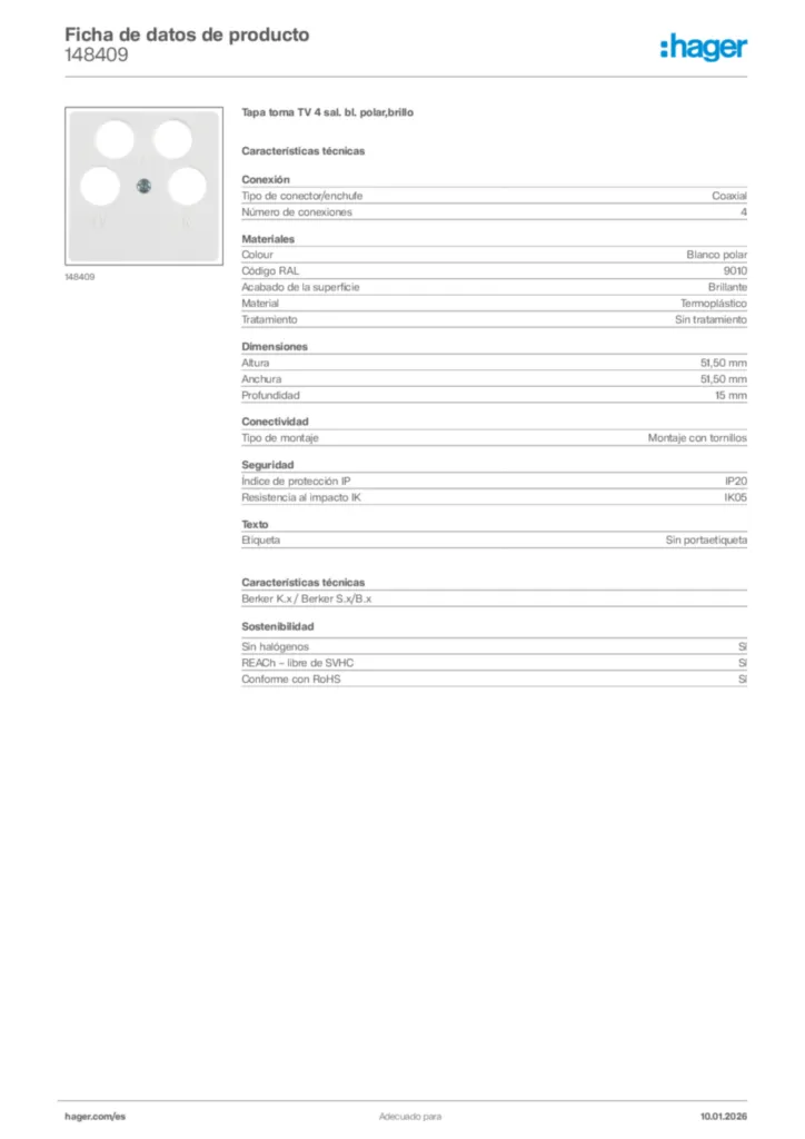 Imagen Hager Ficha de datos de producto 148409 | Hager España
