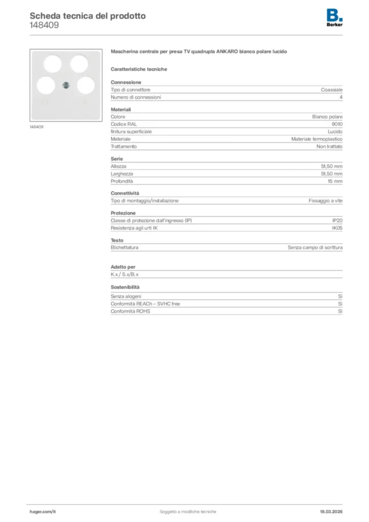 Immagine Berker Scheda tecnica del prodotto 148409 | Hager Italia