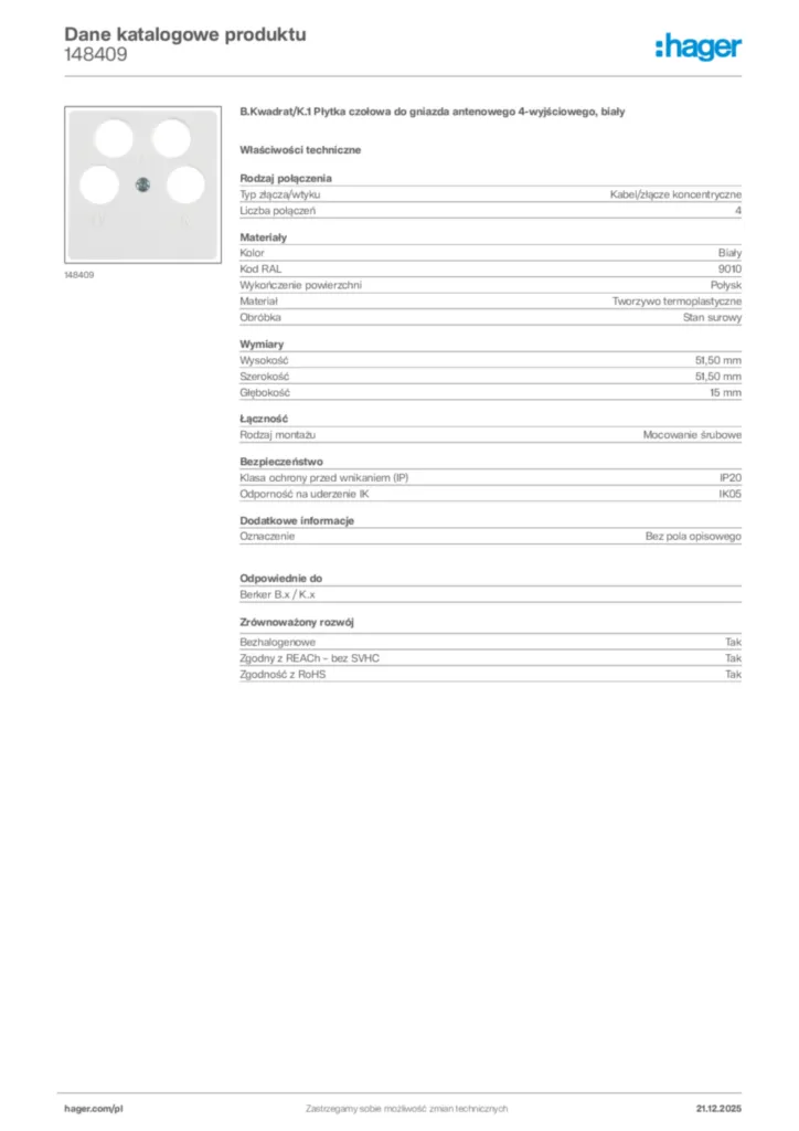 Zdjęcie Hager Dane katalogowe produktu 148409 | Hager Polska
