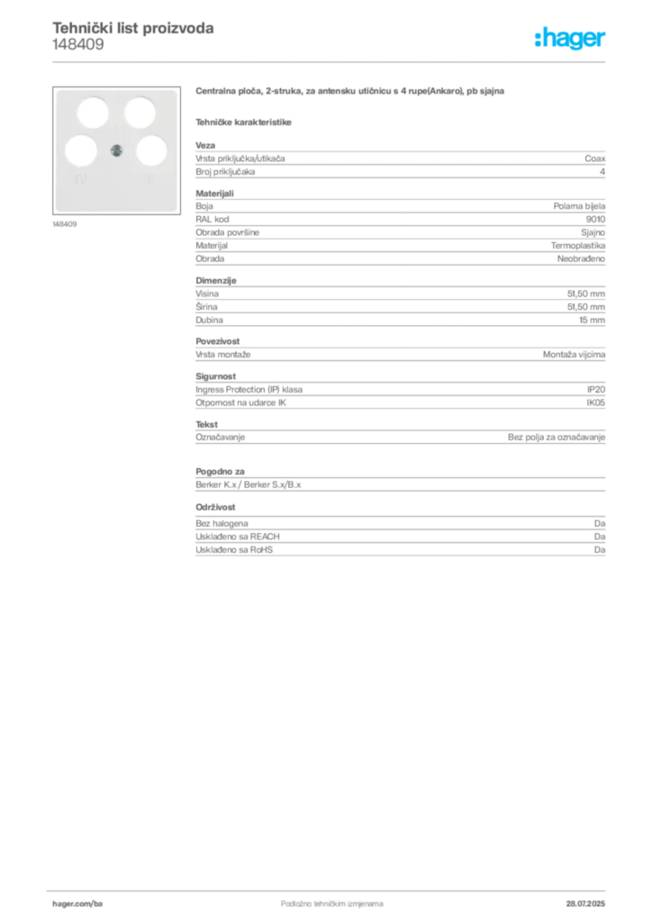 Slika Hager Product data sheet 148409  | Hager