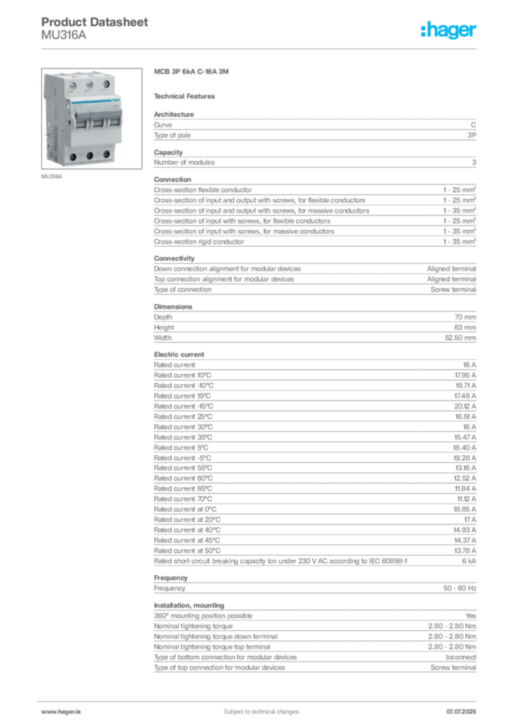 Image Hager Product data sheet MU316A  | Hager