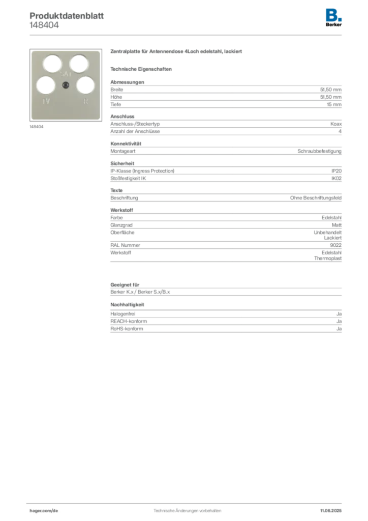 Bild Berker Produktdatenblatt 148404 | Hager Deutschland