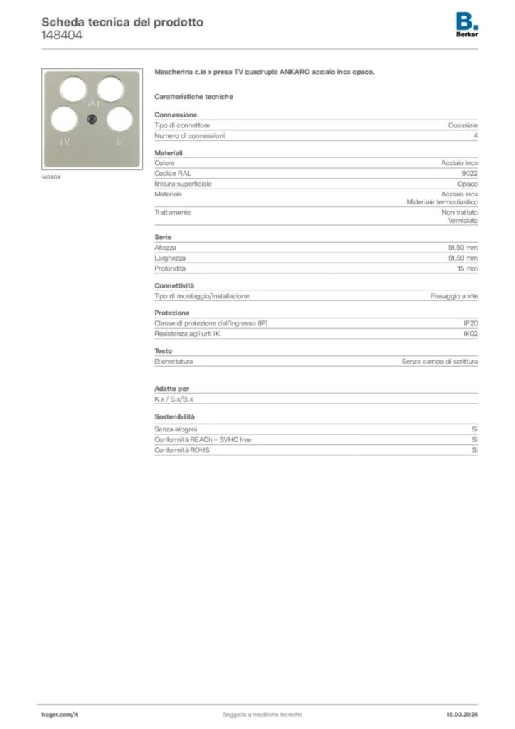 Immagine Berker Scheda tecnica del prodotto 148404 | Hager Italia
