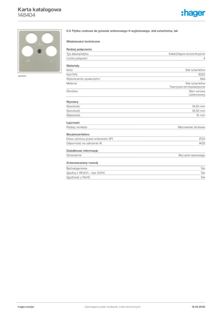 Zdjęcie Hager Karta katalogowa 148404 | Hager Polska