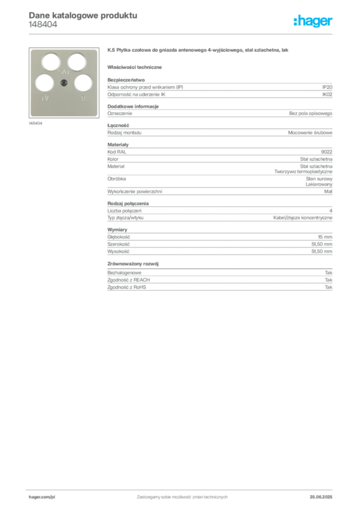 Zdjęcie Hager Dane katalogowe produktu 148404 | Hager Polska