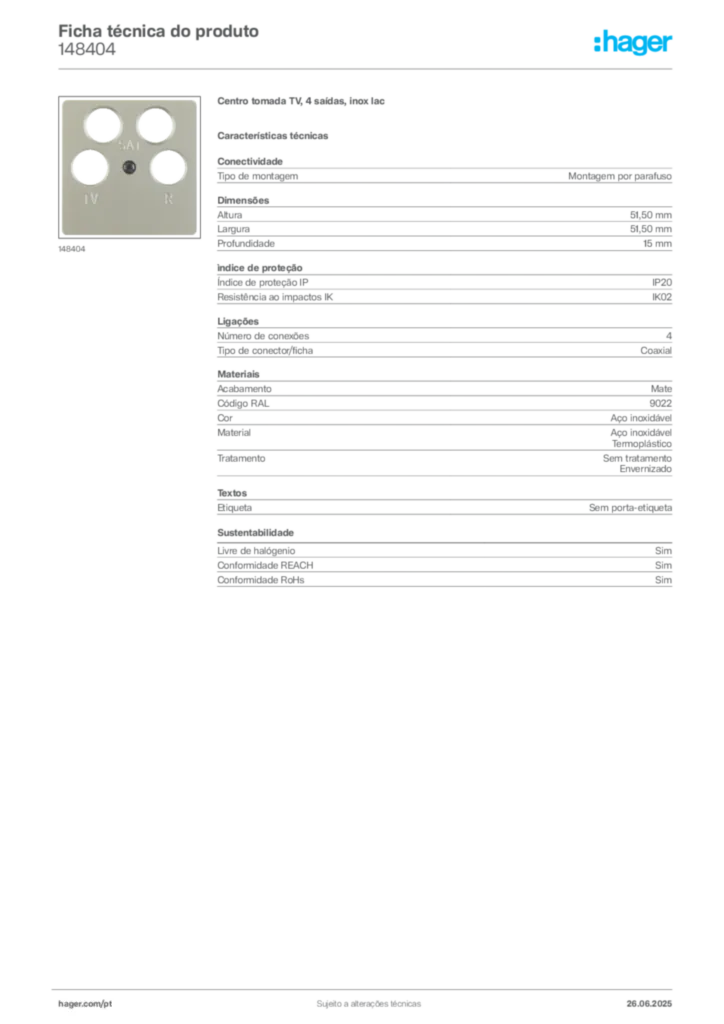 Imagem Hager Ficha técnica do produto 148404 | Hager Portugal