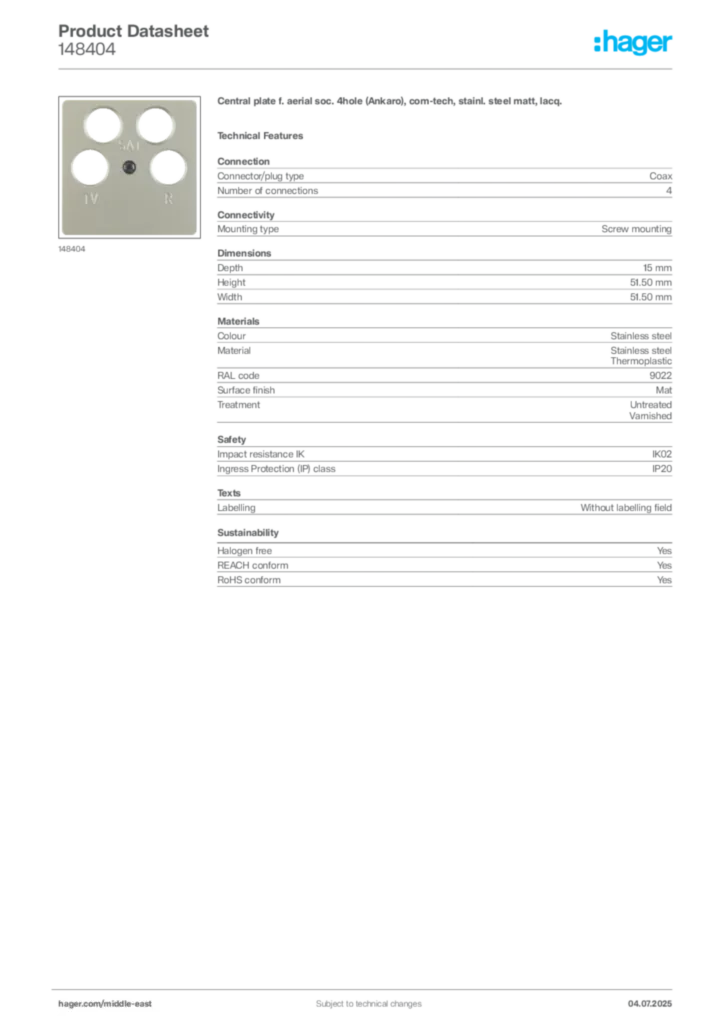 Image Hager Product data sheet 148404  | Hager