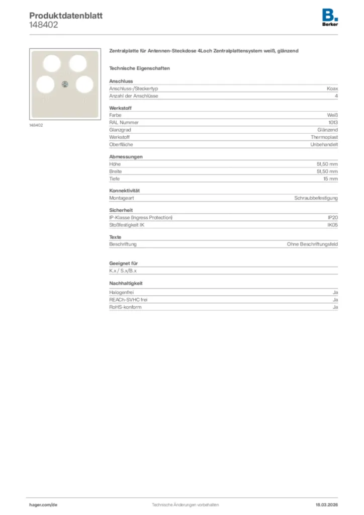 Bild Berker Produktdatenblatt 148402 | Hager Deutschland
