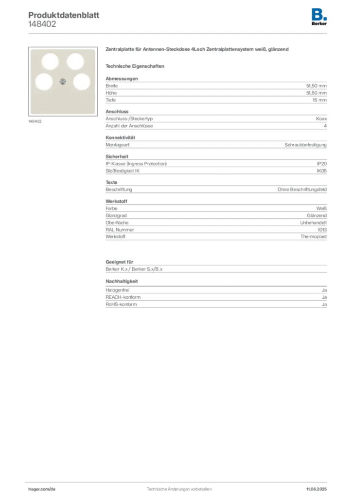 Bild Berker Produktdatenblatt 148402 | Hager Deutschland