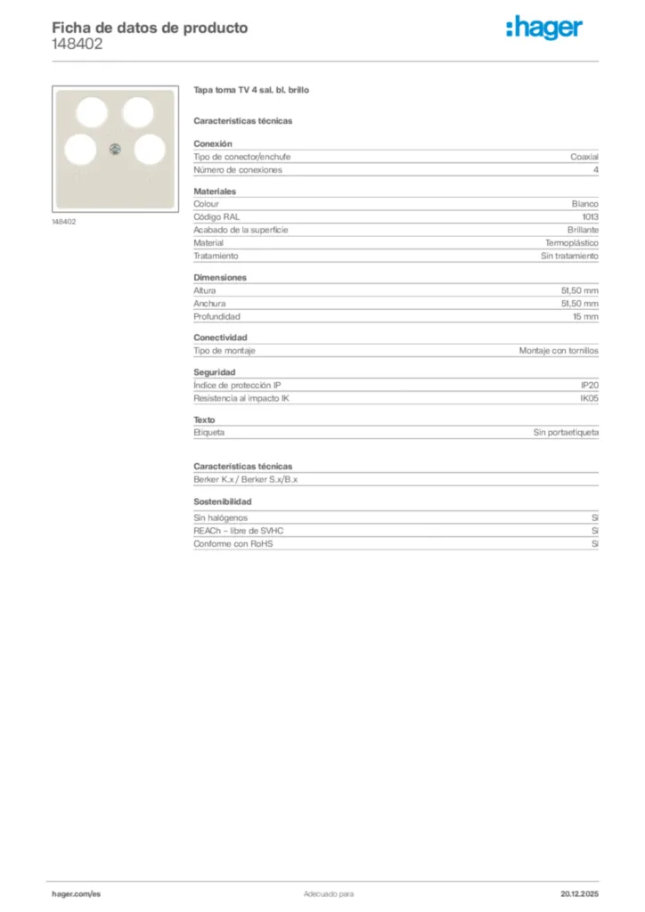 Imagen Hager Ficha de datos de producto 148402 | Hager España
