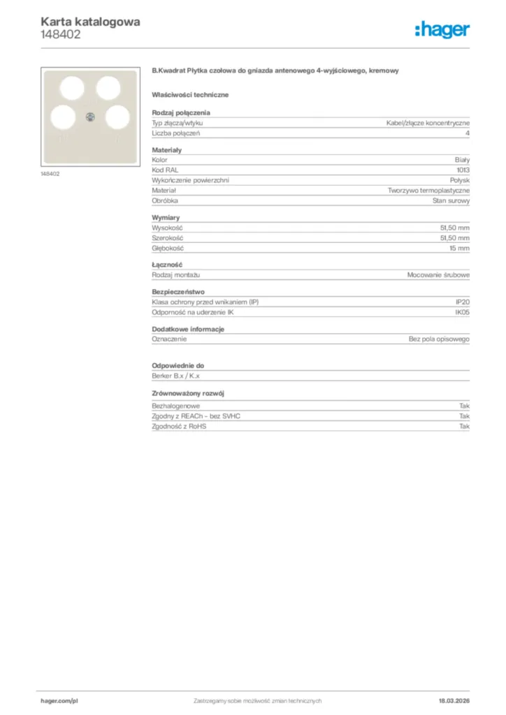 Zdjęcie Hager Karta katalogowa 148402 | Hager Polska