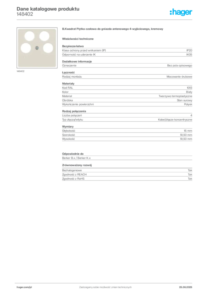 Zdjęcie Hager Dane katalogowe produktu 148402 | Hager Polska