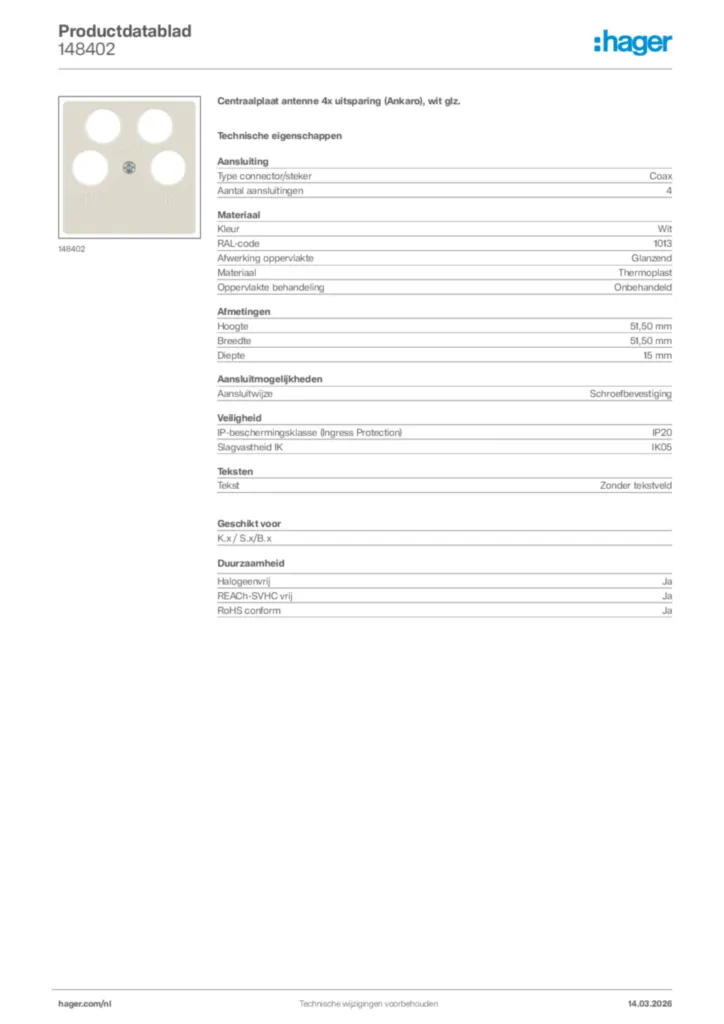 Afbeelding Hager Productdatablad 148402 | Hager Nederland