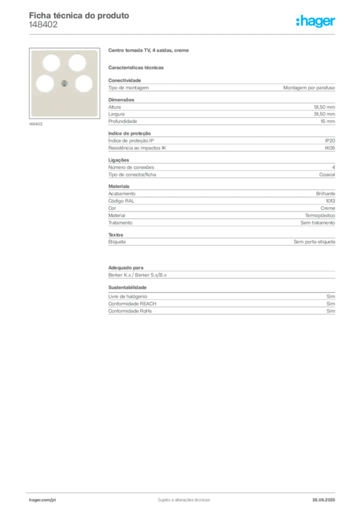 Imagem Hager Ficha técnica do produto 148402 | Hager Portugal