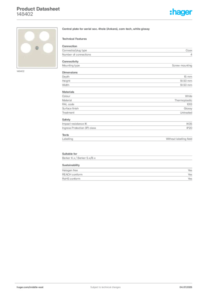 Image Hager Product data sheet 148402  | Hager