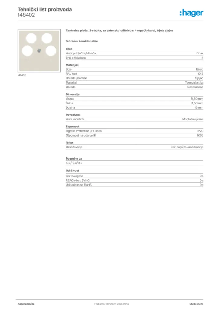 Slika Hager Tehnički list proizvoda 148402  | Hager