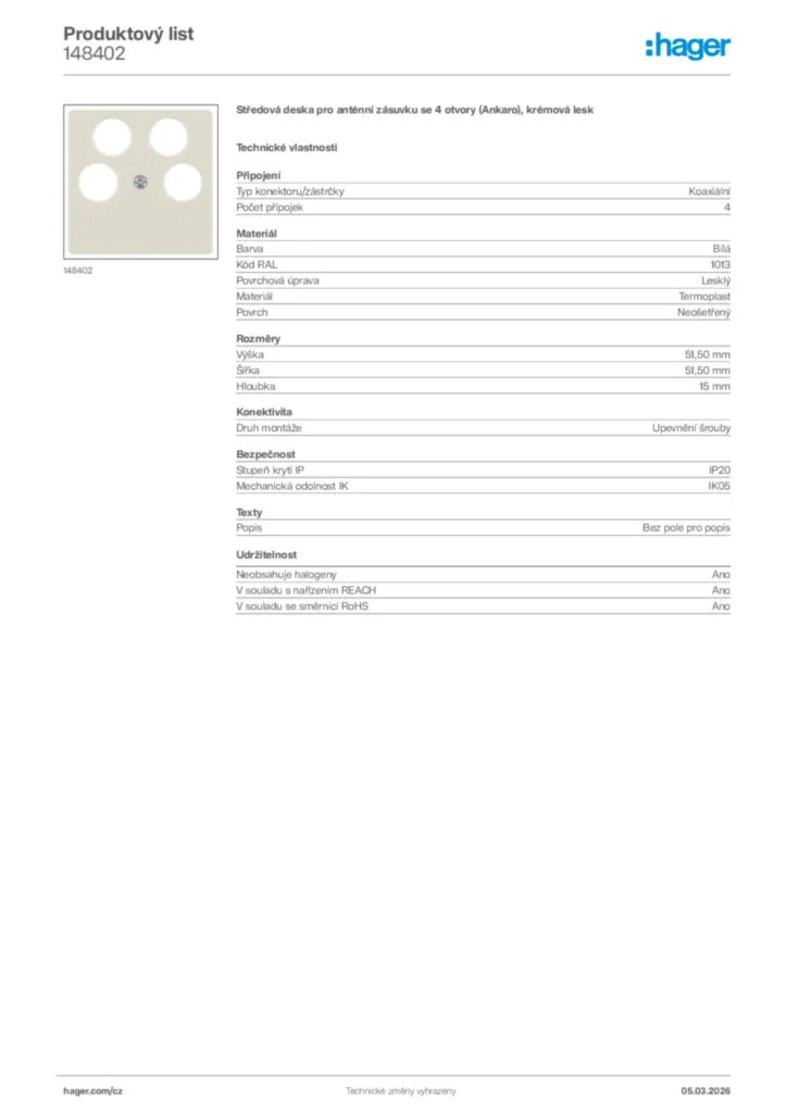 Obrázek Hager Product data sheet 148402 | Hager